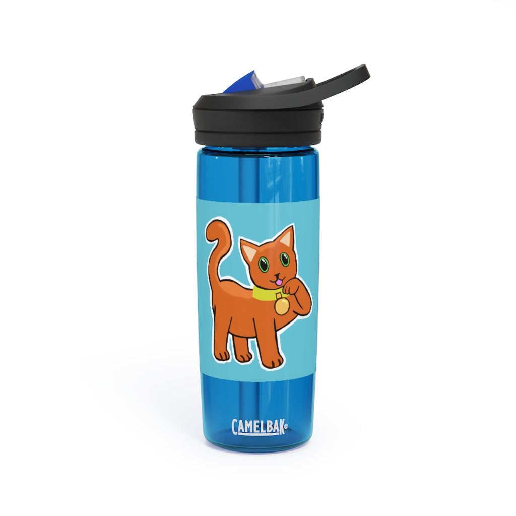 Orange Kitty CamelBak Eddy® Water Bottle in 20oz and 25oz sizes, featuring a spill-proof biting valve and easy-carry handle.