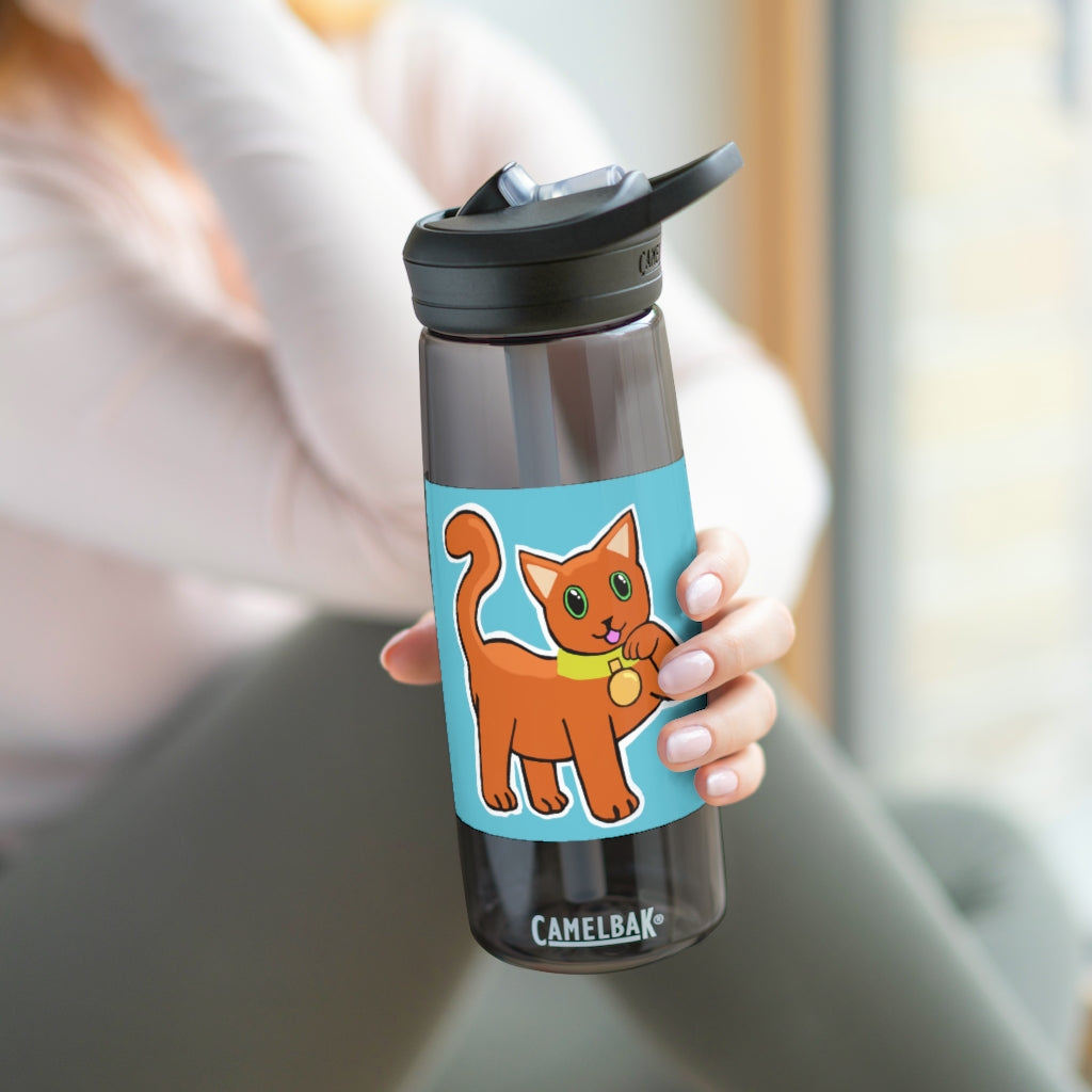 Orange Kitty CamelBak Eddy® Water Bottle in 20oz and 25oz sizes, featuring a spill-proof biting valve and easy-carry handle.