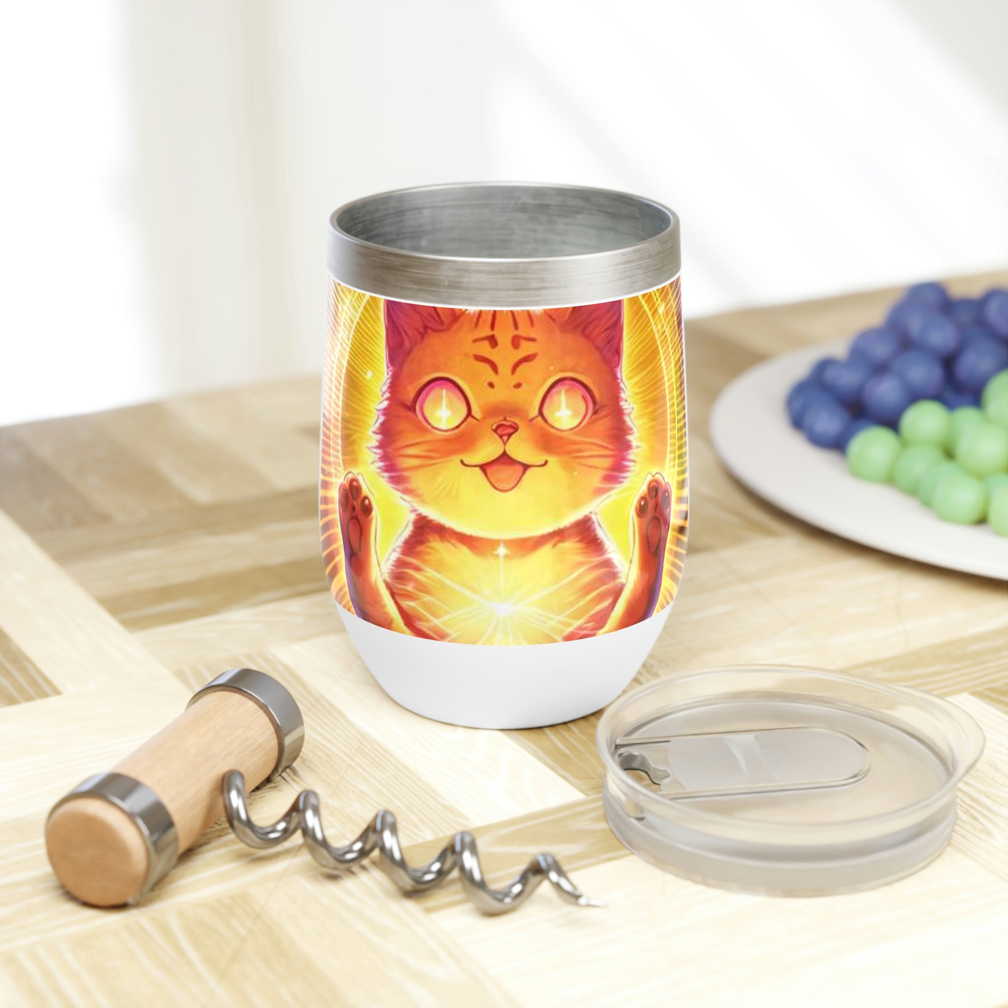 Orange Kitty Chill Wine Tumbler with double-insulated walls and a vibrant design, perfect for keeping drinks hot or cold.