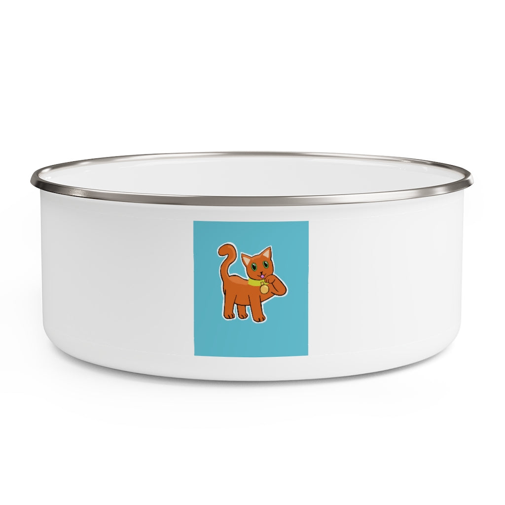 Stylish Orange Kitty Enamel Bowl with a translucent lid and anti-slip backing, perfect for pet meals.