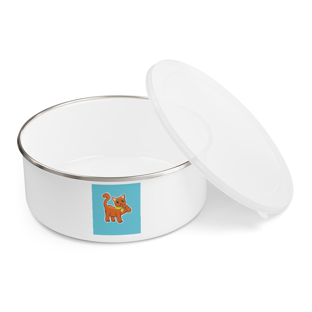 Stylish Orange Kitty Enamel Bowl with a translucent lid and anti-slip backing, perfect for pet meals.