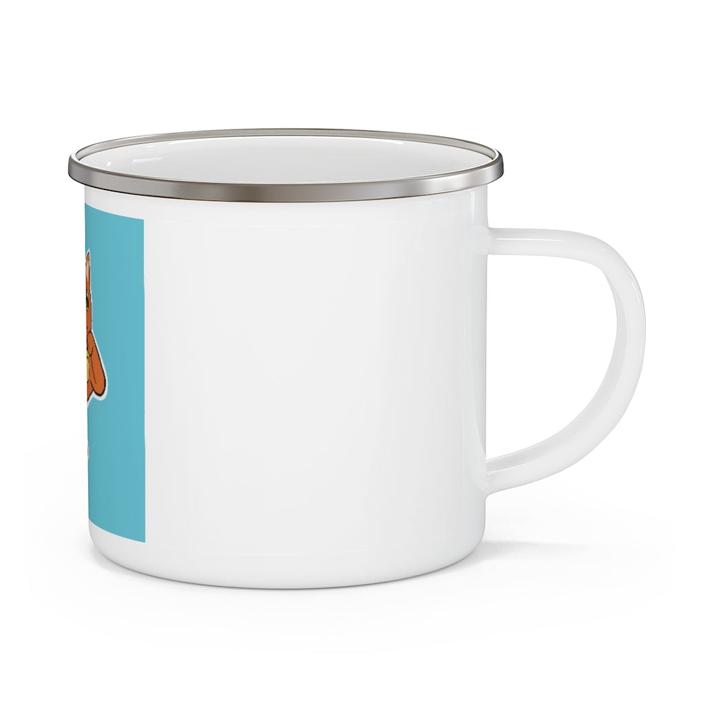 Orange Kitty Enamel Camping Mug with a vibrant design, perfect for outdoor use.