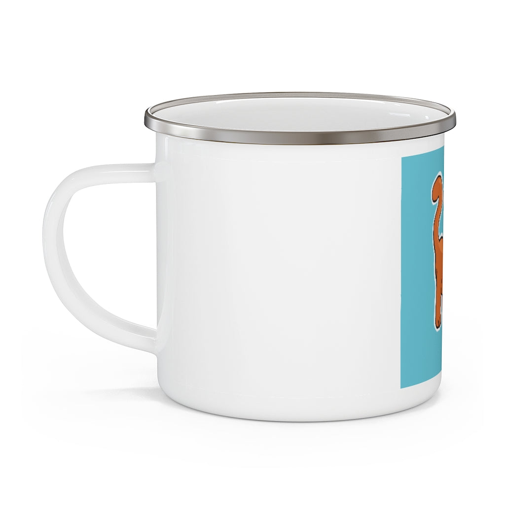 Orange Kitty Enamel Camping Mug with a vibrant design, perfect for outdoor use.