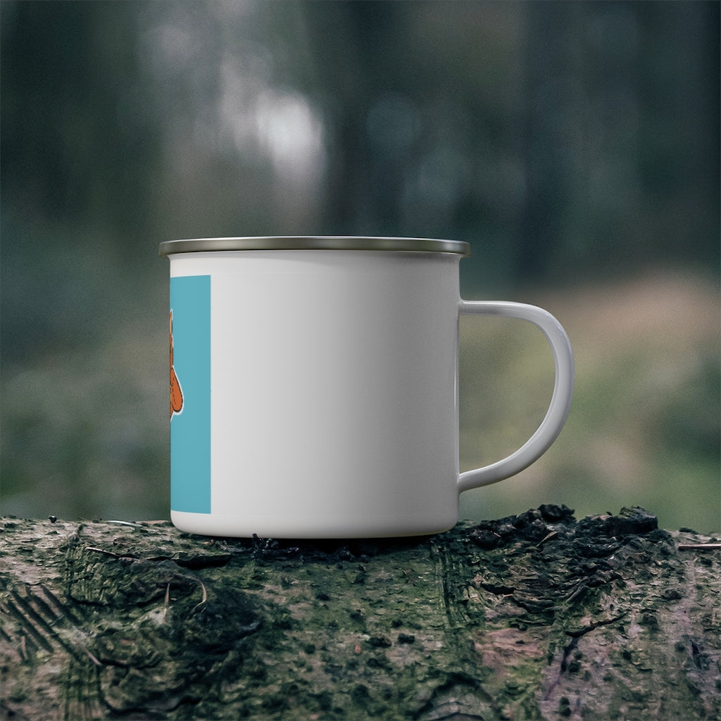 Orange Kitty Enamel Camping Mug with a vibrant design, perfect for outdoor use.