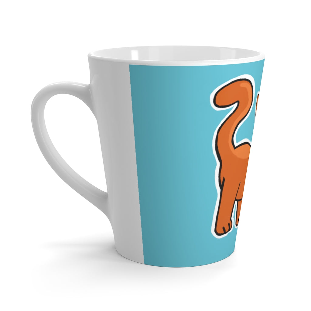 A white ceramic latte mug featuring a playful orange kitty design, perfect for coffee lovers.