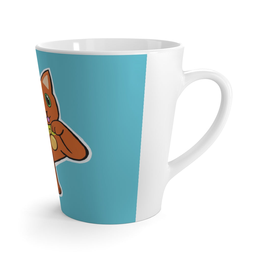 A white ceramic latte mug featuring a playful orange kitty design, perfect for coffee lovers.