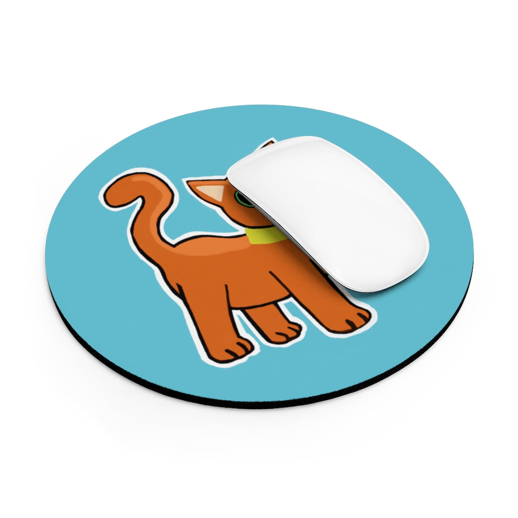 Orange Kitty Mouse Pad featuring a vibrant design with a playful cat, available in round and rectangular shapes.