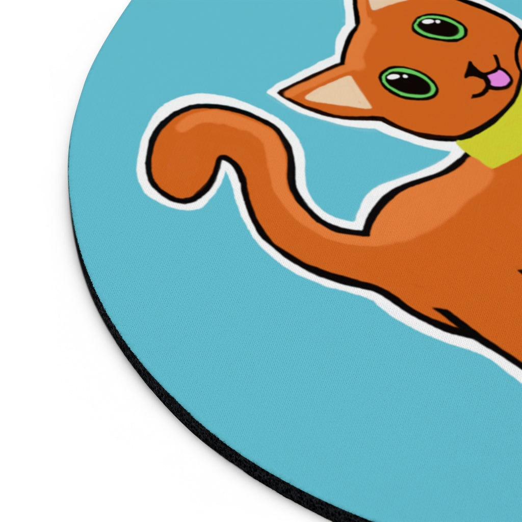 Orange Kitty Mouse Pad featuring a vibrant design with a playful cat, available in round and rectangular shapes.