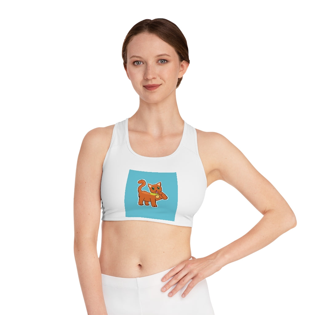 Orange Kitty Sports Bra featuring a vibrant all-over print design, compression fit, and double-layer front for enhanced support and comfort.