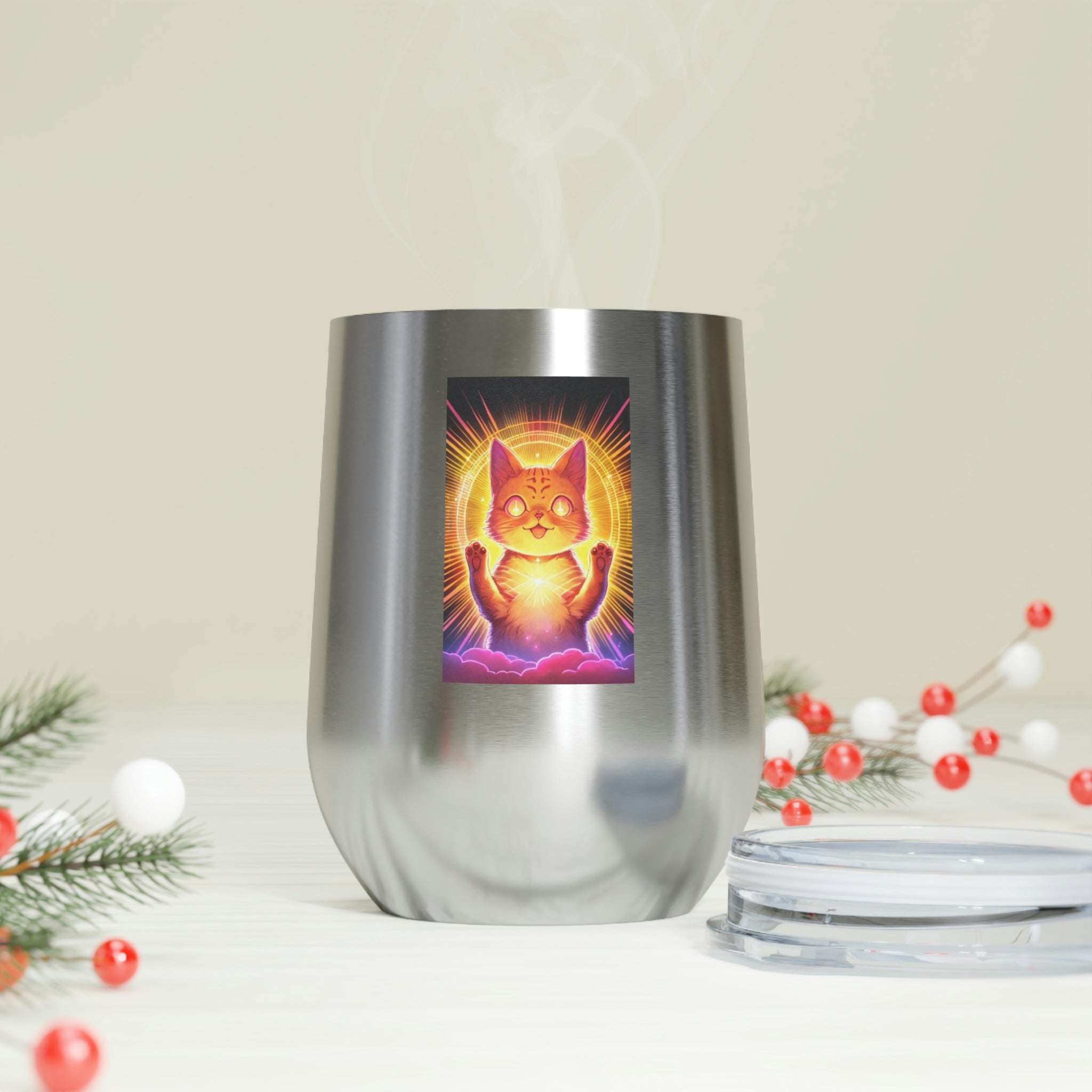 Orange Kitty Wine Tumbler with clear lid and double-wall insulation, perfect for hot and cold beverages.