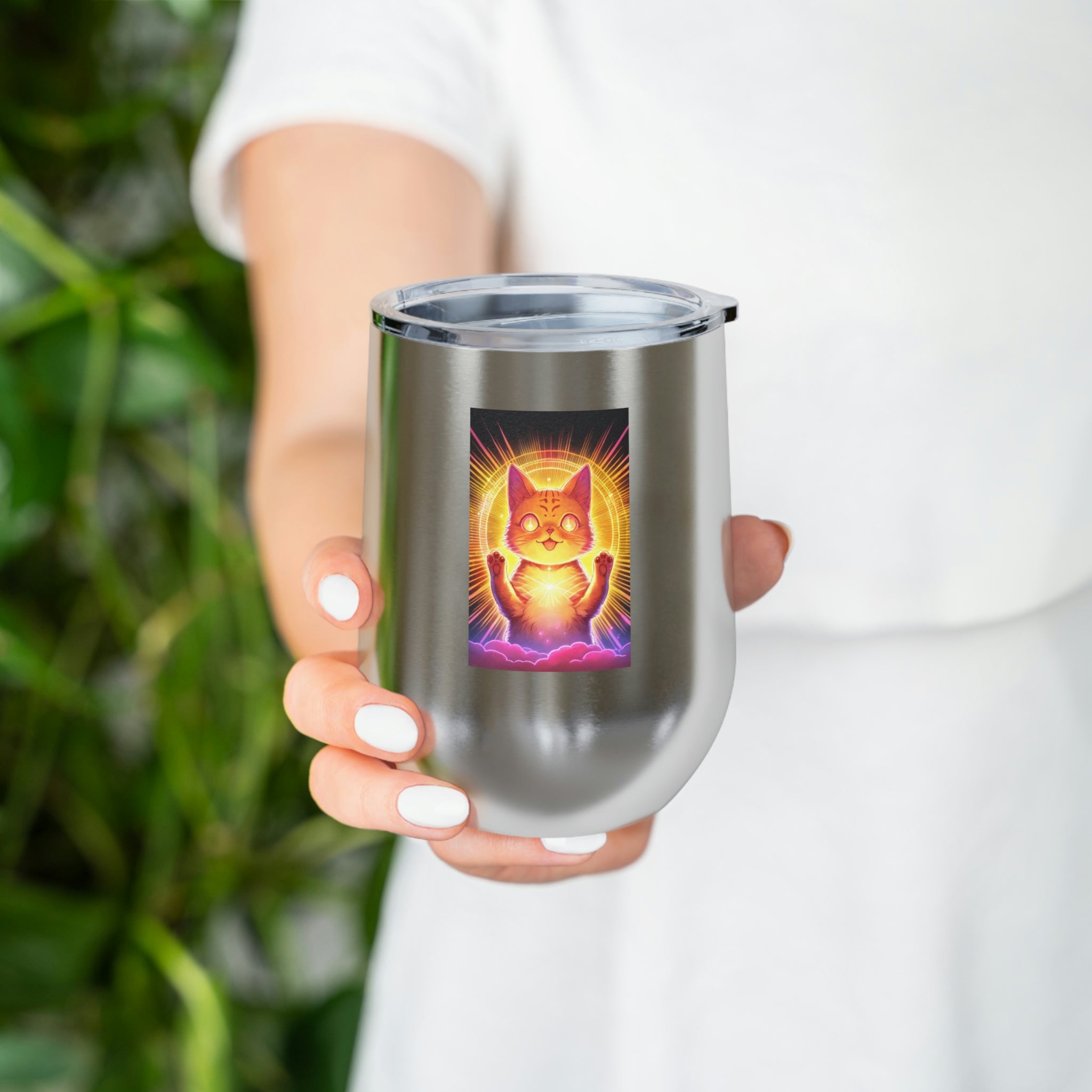 Orange Kitty Wine Tumbler with clear lid and double-wall insulation, perfect for hot and cold beverages.