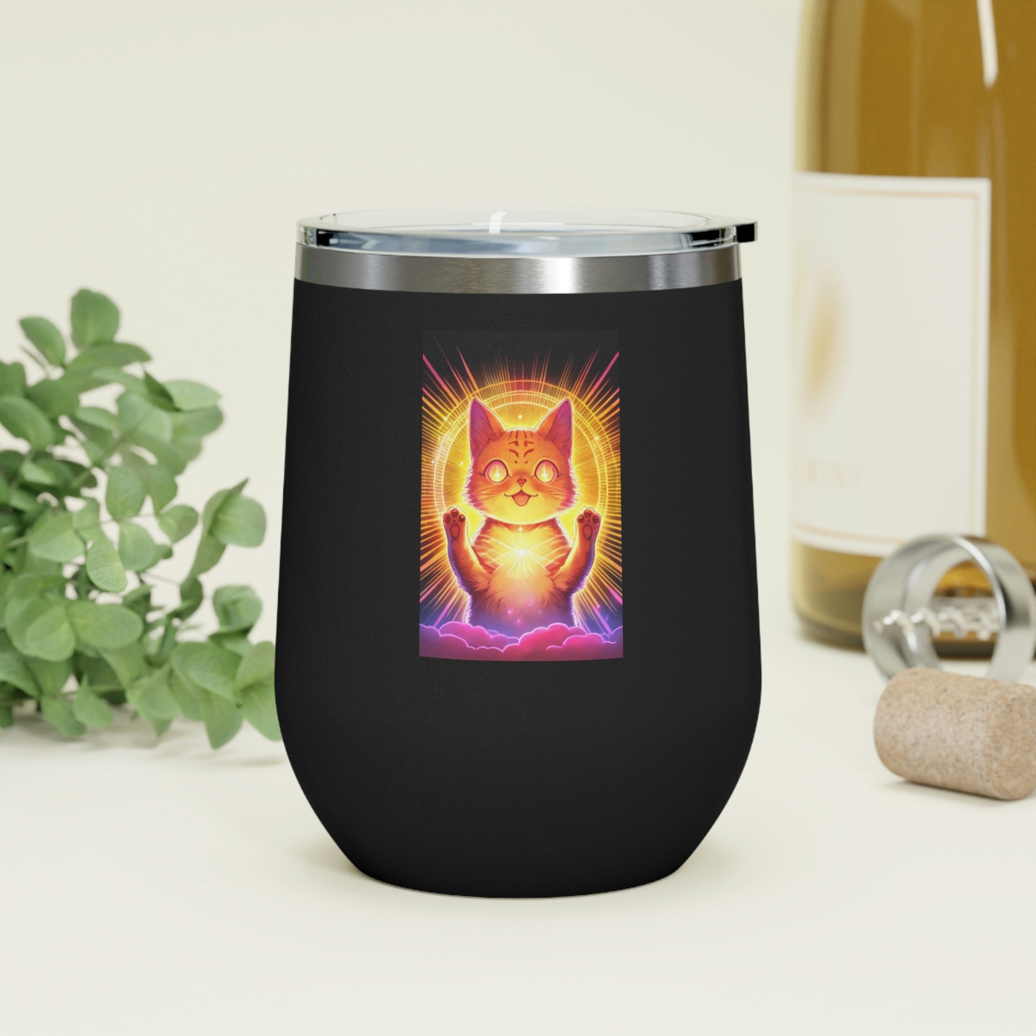 Orange Kitty Wine Tumbler with clear lid and double-wall insulation, perfect for hot and cold beverages.