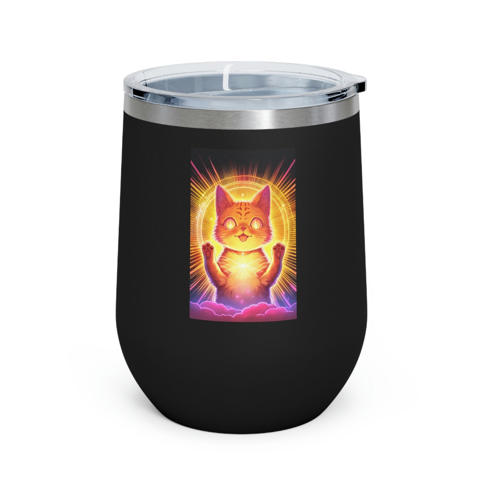 Orange Kitty Wine Tumbler with clear lid and double-wall insulation, perfect for hot and cold beverages.