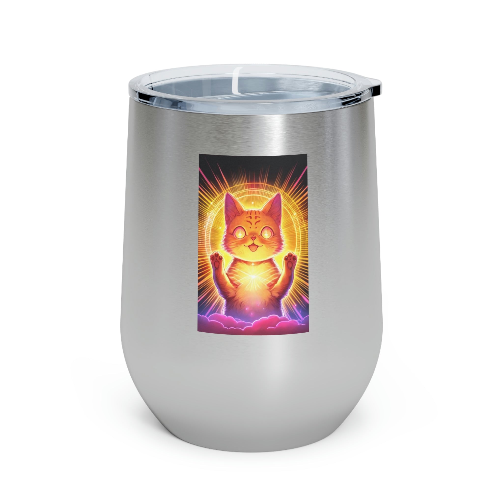 Orange Kitty Wine Tumbler with clear lid and double-wall insulation, perfect for hot and cold beverages.