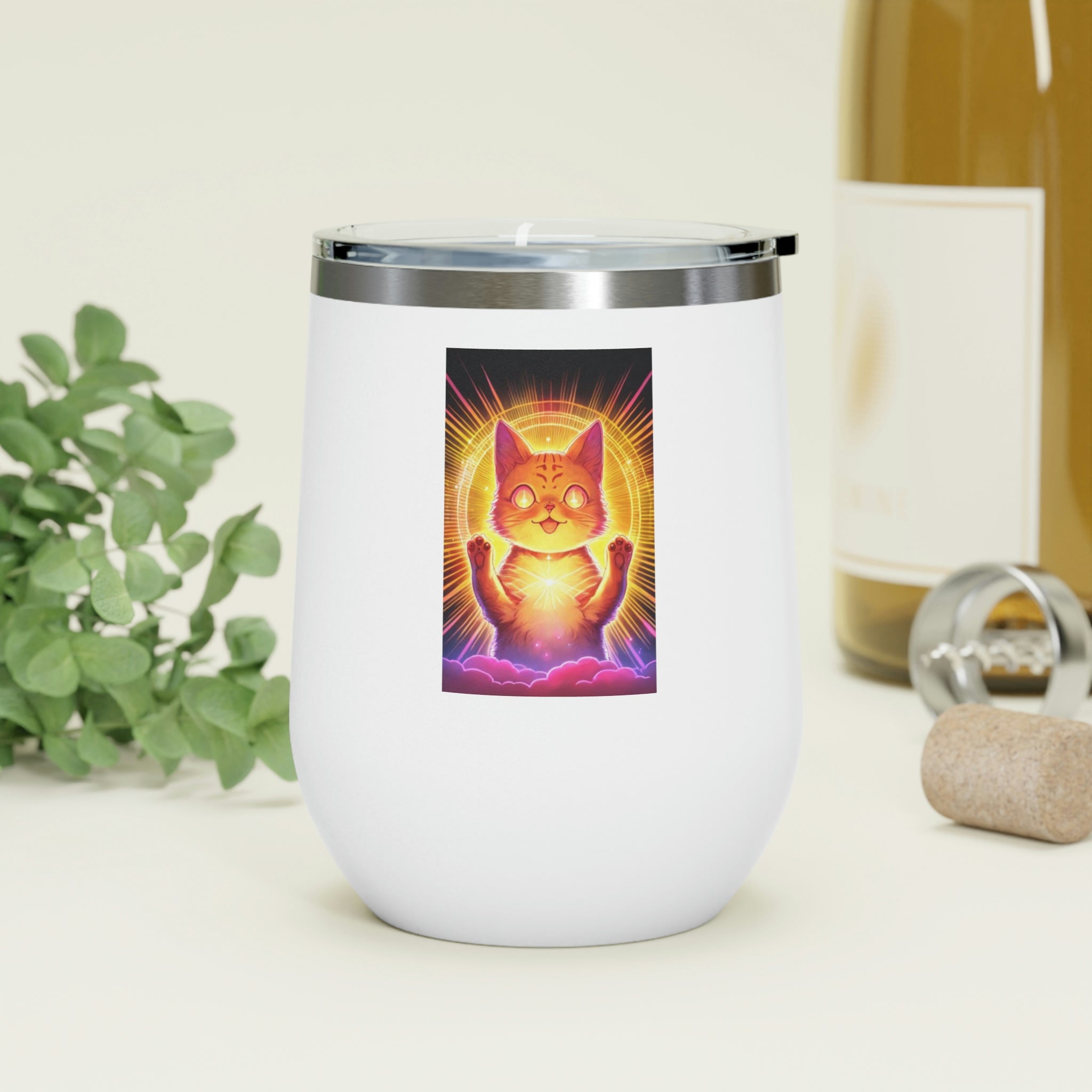 Orange Kitty Wine Tumbler with clear lid and double-wall insulation, perfect for hot and cold beverages.