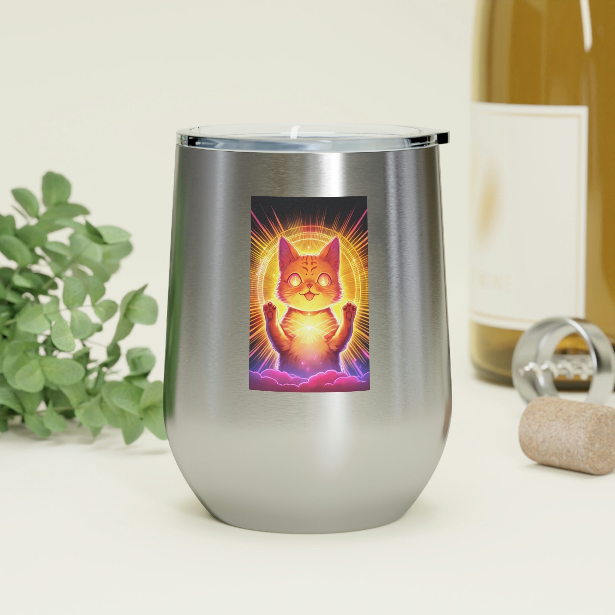 Orange Kitty Wine Tumbler with clear lid and double-wall insulation, perfect for hot and cold beverages.