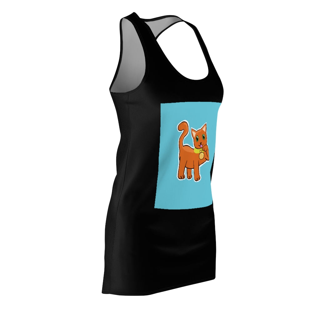 A stylish Orange Kitty Women's Cut & Sew Racerback Dress featuring a vibrant kitty print, perfect for casual and active wear.