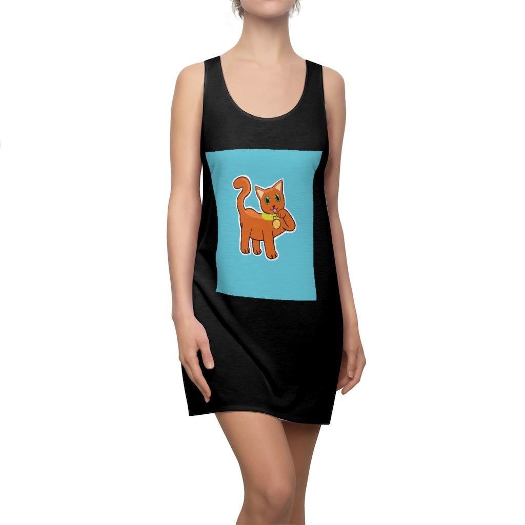 A stylish Orange Kitty Women's Cut & Sew Racerback Dress featuring a vibrant kitty print, perfect for casual and active wear.