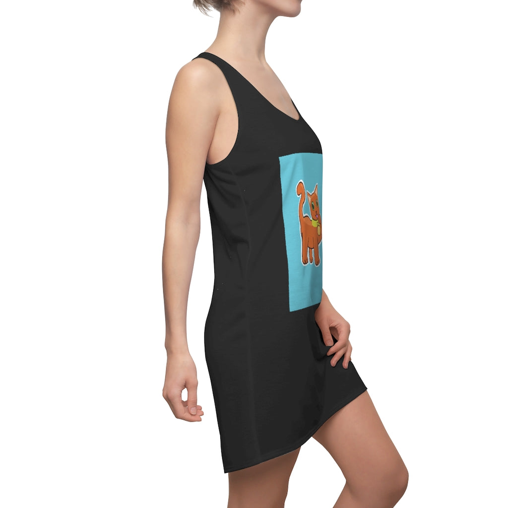 A stylish Orange Kitty Women's Cut & Sew Racerback Dress featuring a vibrant kitty print, perfect for casual and active wear.