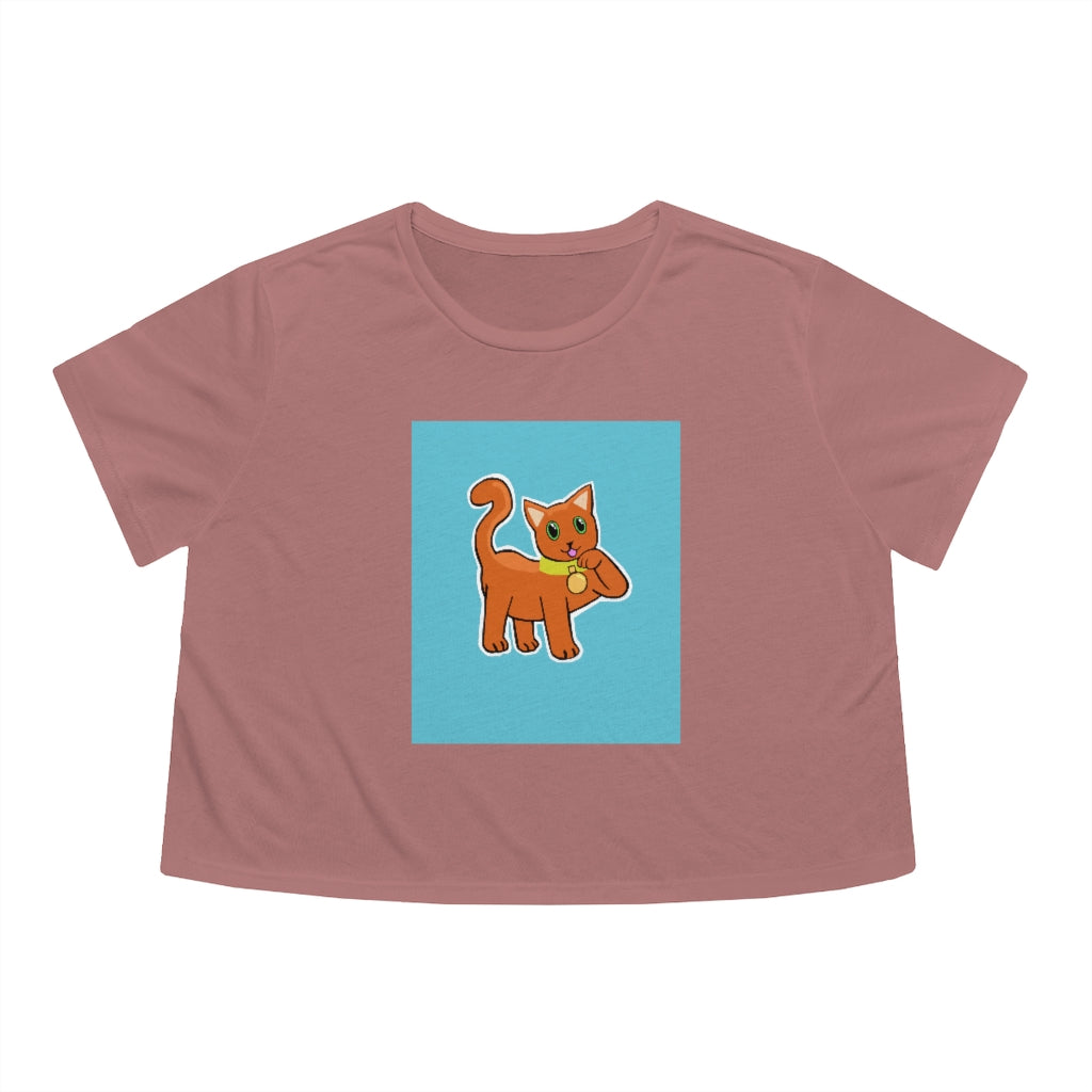 Orange Kitty Women's Flowy Cropped Tee showcasing a stylish and comfortable design with a modest crop and flowy fit.