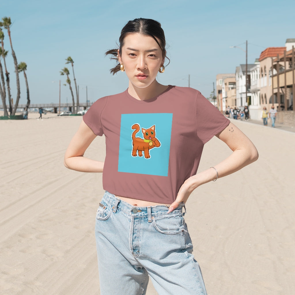 Orange Kitty Women's Flowy Cropped Tee showcasing a stylish and comfortable design with a modest crop and flowy fit.