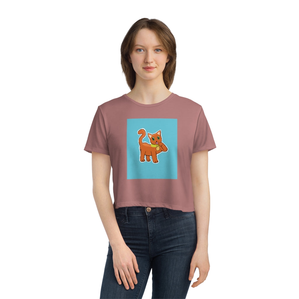 Orange Kitty Women's Flowy Cropped Tee showcasing a stylish and comfortable design with a modest crop and flowy fit.