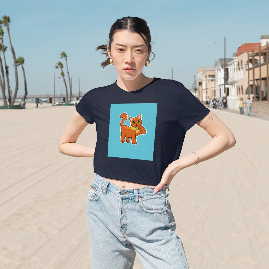 Orange Kitty Women's Flowy Cropped Tee showcasing a stylish and comfortable design with a modest crop and flowy fit.