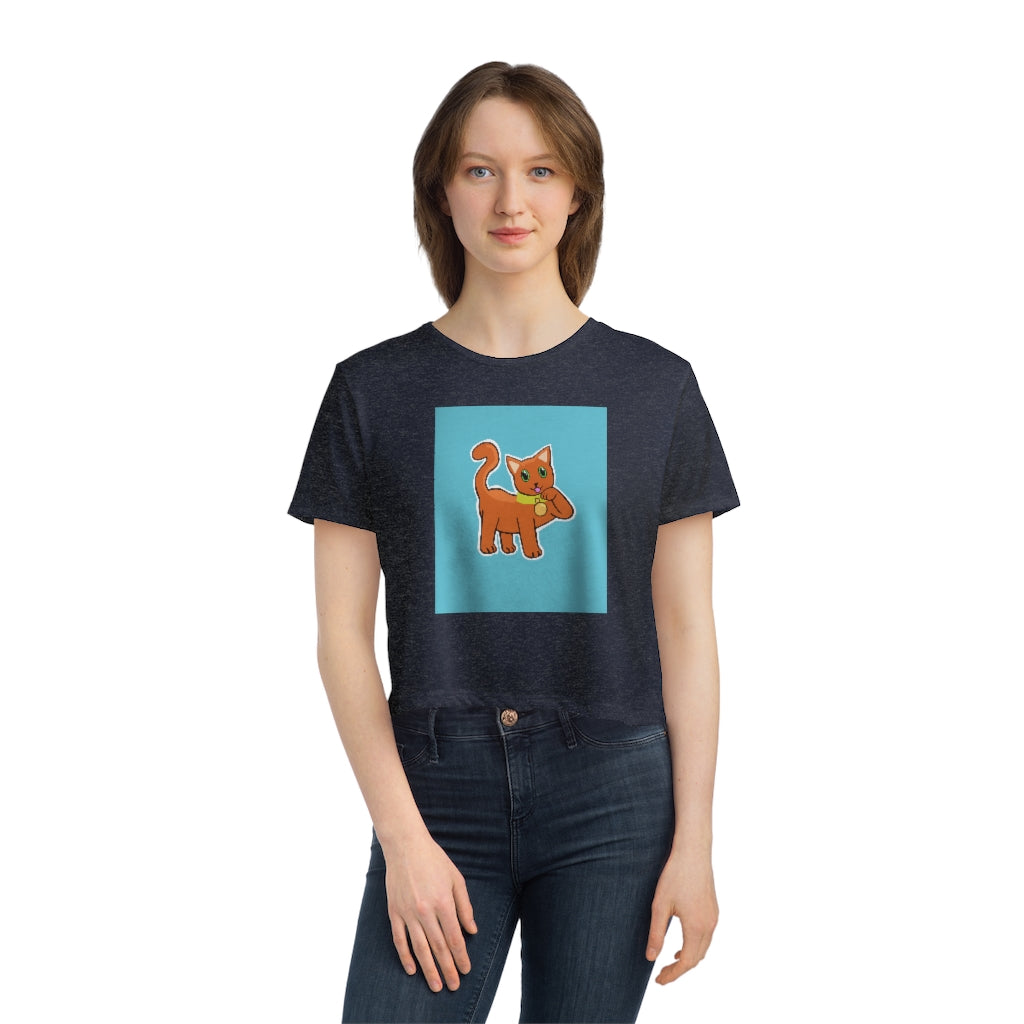 Orange Kitty Women's Flowy Cropped Tee showcasing a stylish and comfortable design with a modest crop and flowy fit.