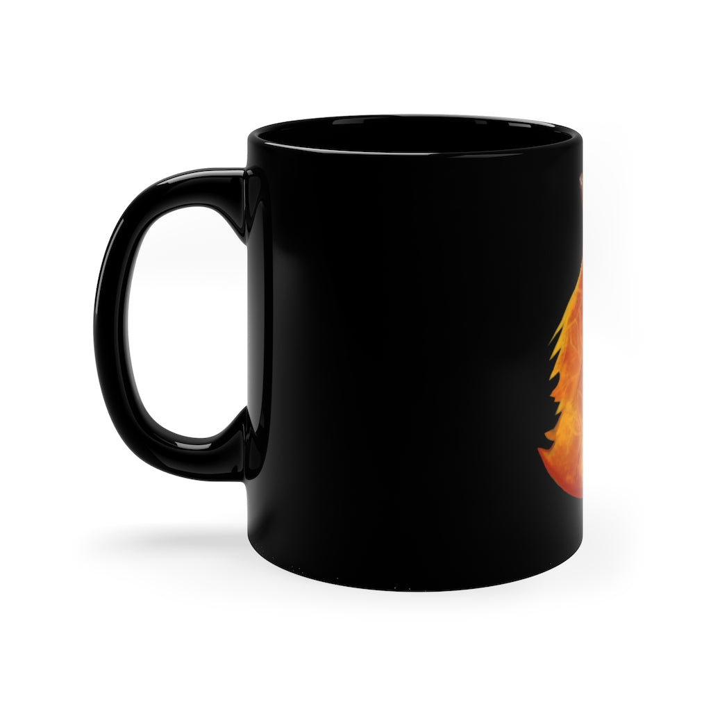 Orange Leaf 11oz black ceramic mug with a C-handle, perfect for coffee, tea, or hot chocolate.