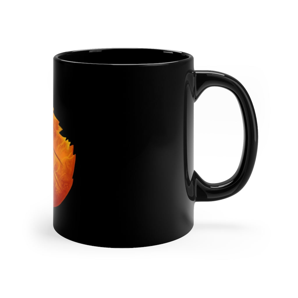 Orange Leaf 11oz black ceramic mug with a C-handle, perfect for coffee, tea, or hot chocolate.