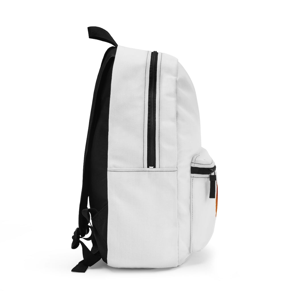 Orange Leaf Backpack made from spun polyester, featuring adjustable straps and a custom name tag, ideal for travel and daily use.