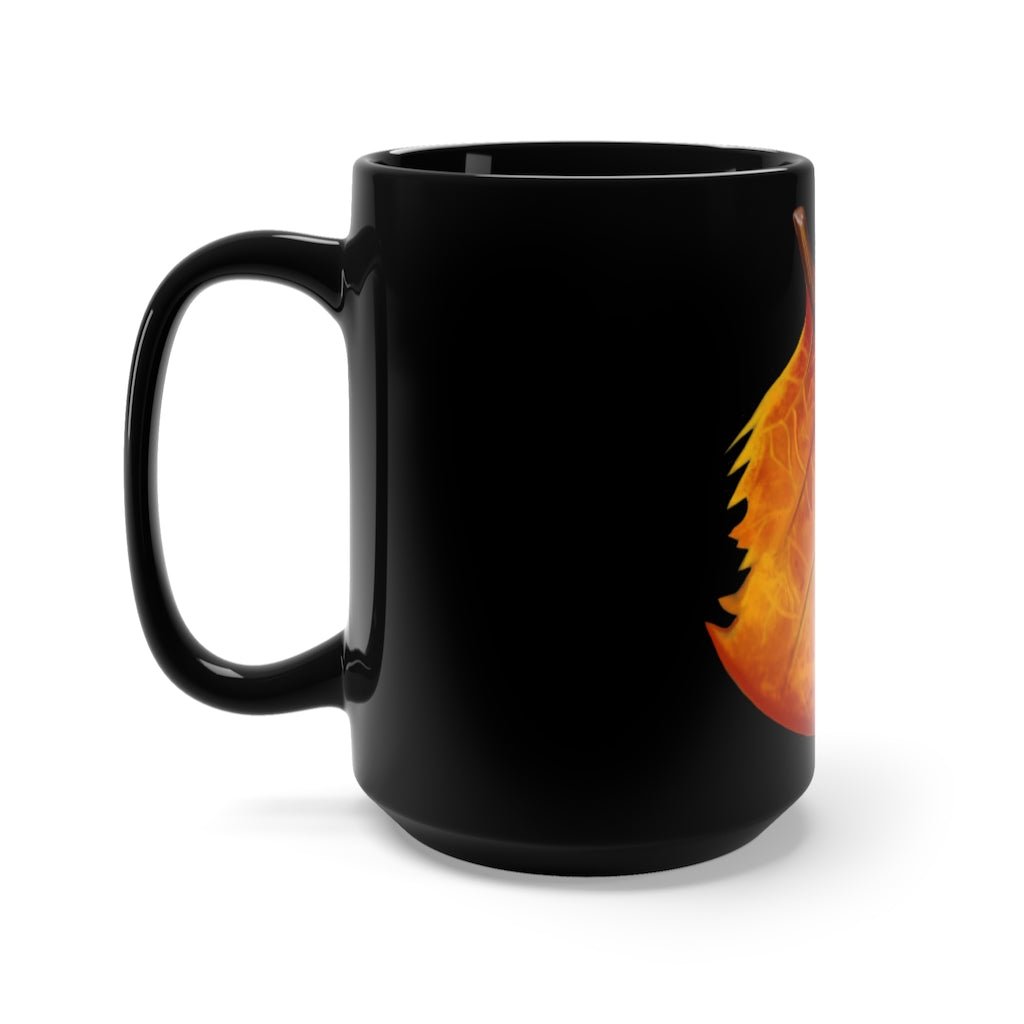 Orange Leaf Black Mug 15oz with rounded corners and C-handle, perfect for coffee and tea.