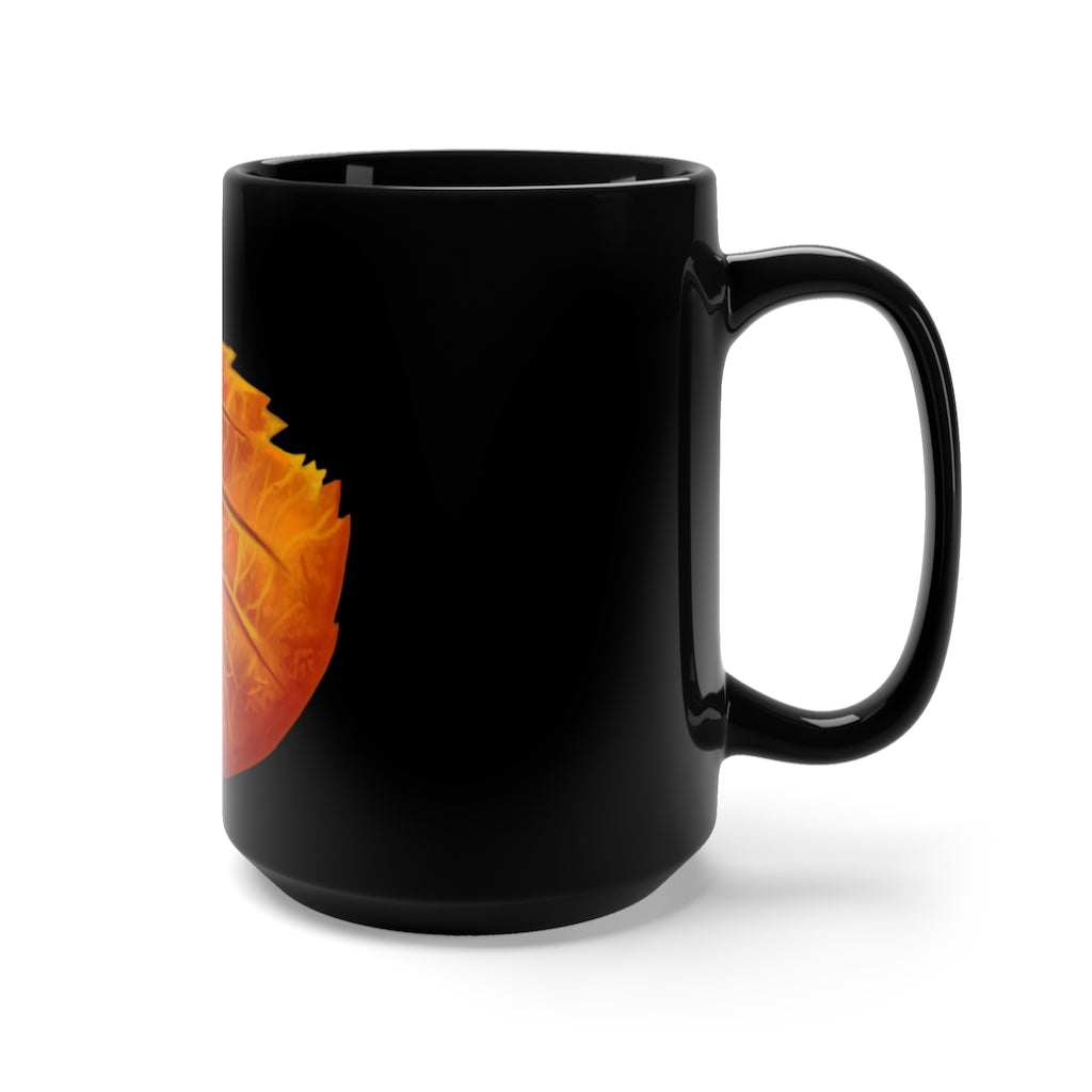 Orange Leaf Black Mug 15oz with rounded corners and C-handle, perfect for coffee and tea.