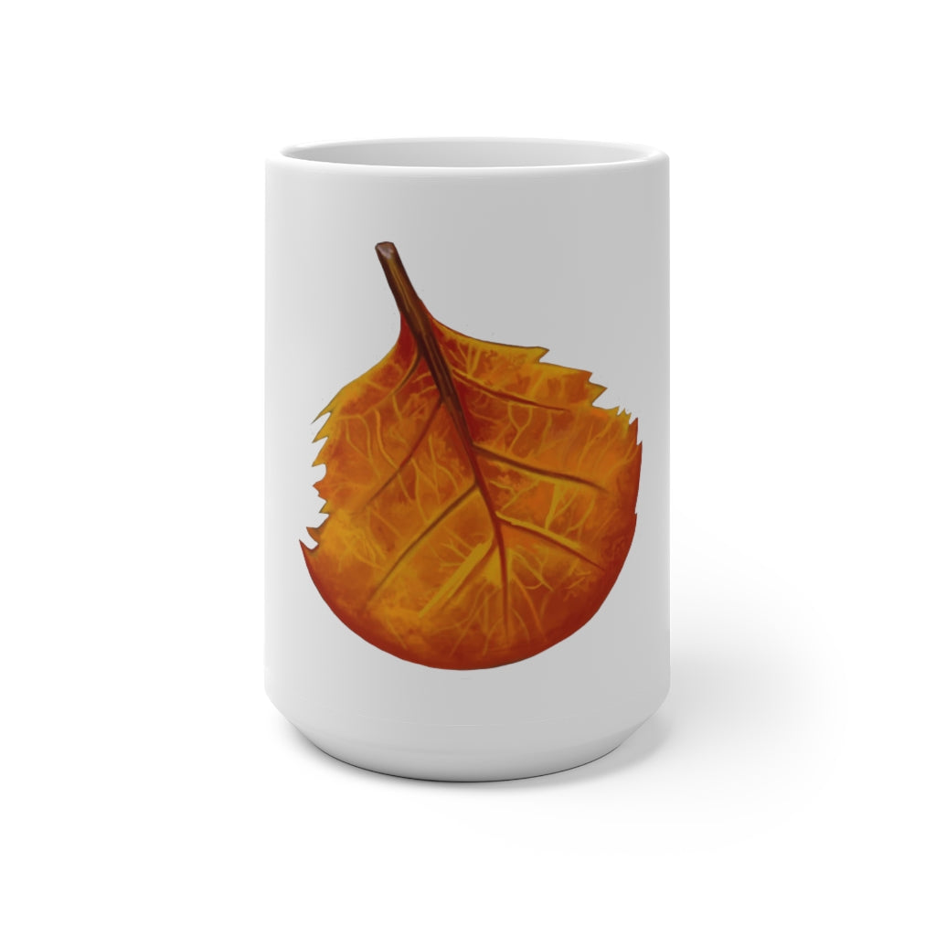 Orange Leaf Color Changing Mug displaying vibrant colors when filled with hot liquid, featuring a C-handle and rounded corners.