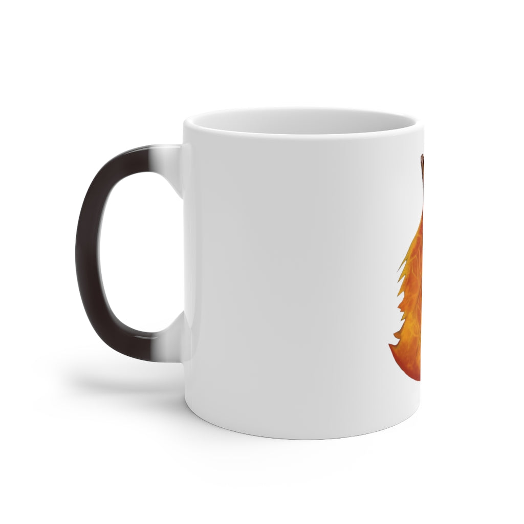 Orange Leaf Color Changing Mug displaying vibrant colors when filled with hot liquid, featuring a C-handle and rounded corners.