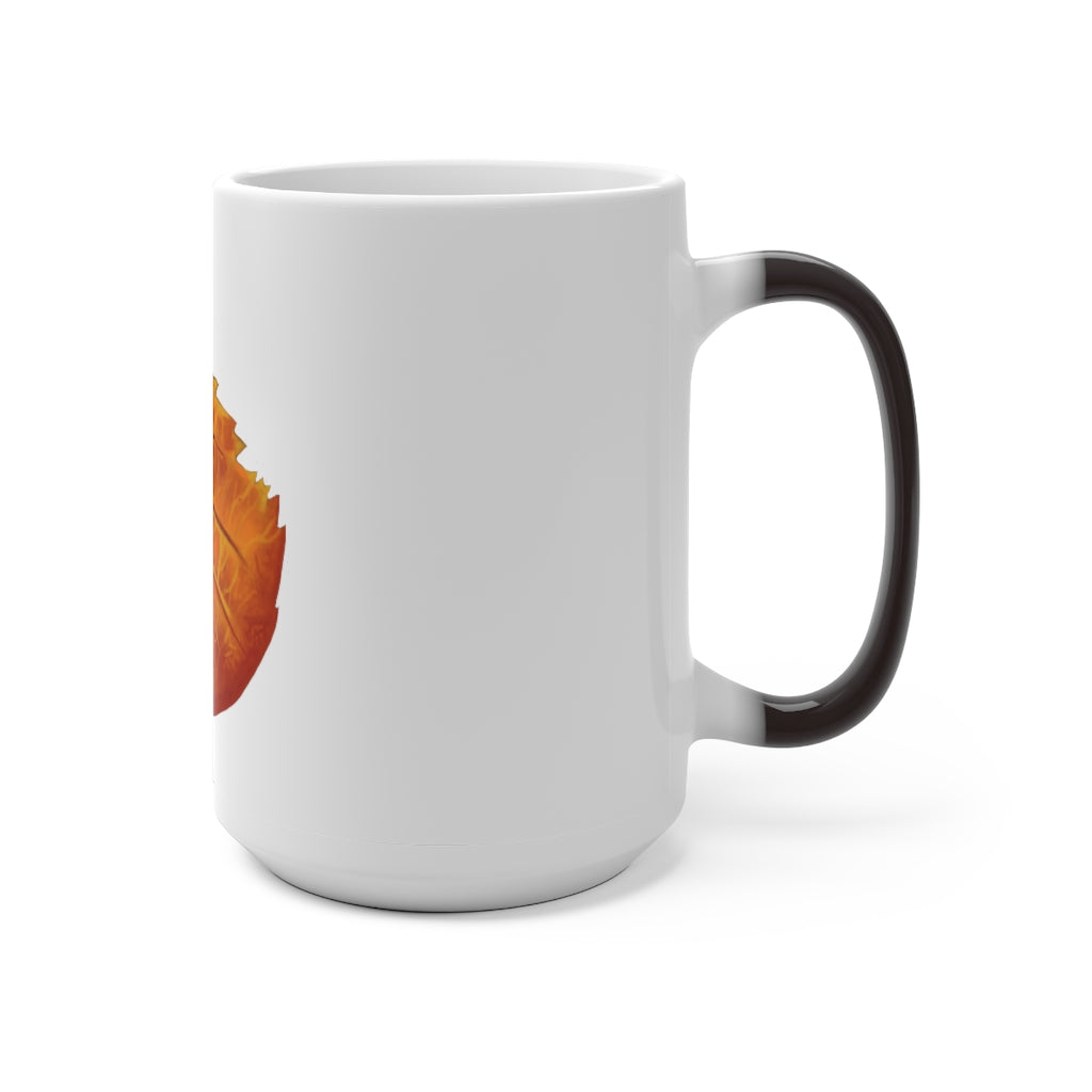 Orange Leaf Color Changing Mug displaying vibrant colors when filled with hot liquid, featuring a C-handle and rounded corners.