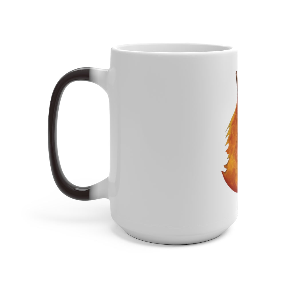 Orange Leaf Color Changing Mug displaying vibrant colors when filled with hot liquid, featuring a C-handle and rounded corners.