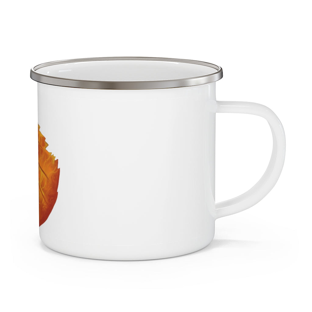 Orange Leaf Enamel Camping Mug with a vibrant orange leaf design, showcasing its durable stainless steel construction and rounded corners.