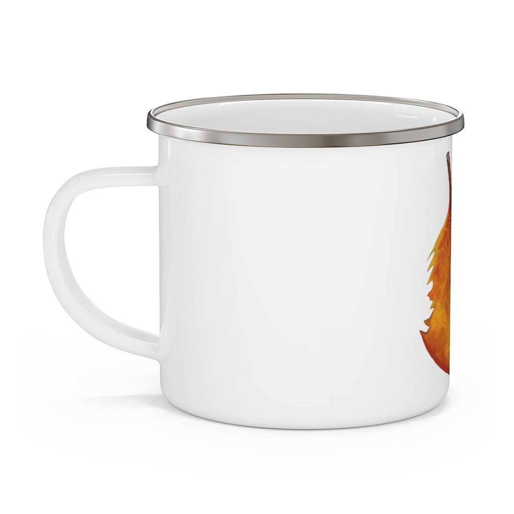 Orange Leaf Enamel Camping Mug with a vibrant orange leaf design, showcasing its durable stainless steel construction and rounded corners.