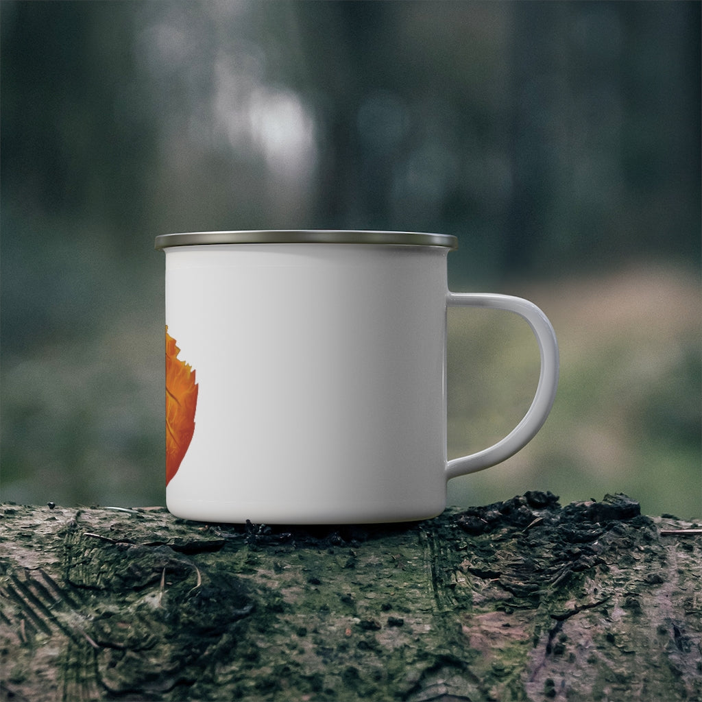 Orange Leaf Enamel Camping Mug with a vibrant orange leaf design, showcasing its durable stainless steel construction and rounded corners.