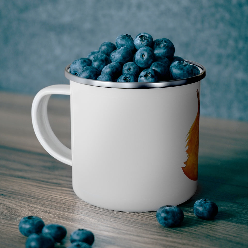 Orange Leaf Enamel Camping Mug with a vibrant orange leaf design, showcasing its durable stainless steel construction and rounded corners.