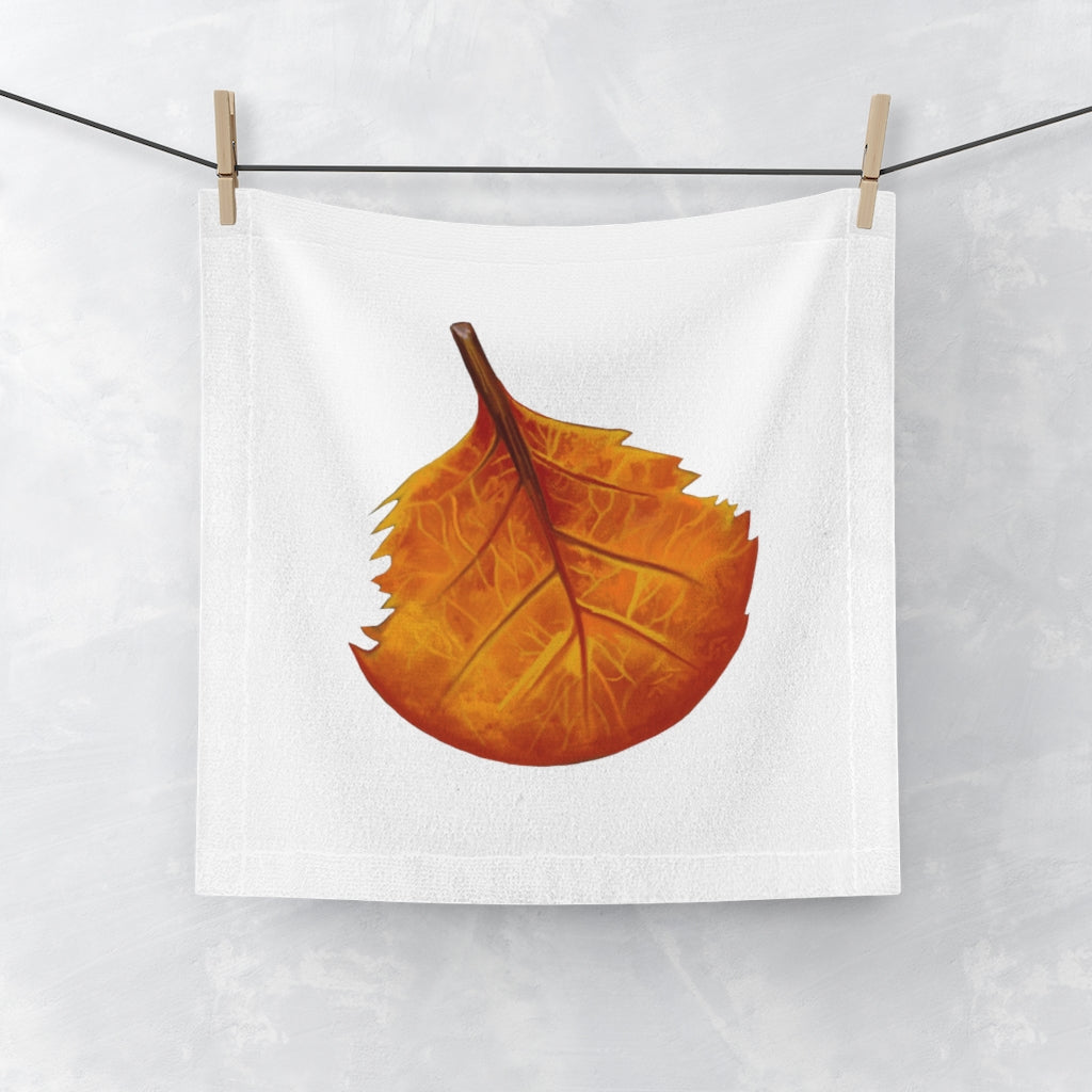 Orange Leaf Face Towel featuring a customizable polyester front and soft cotton back, ideal for personal use or gifting.