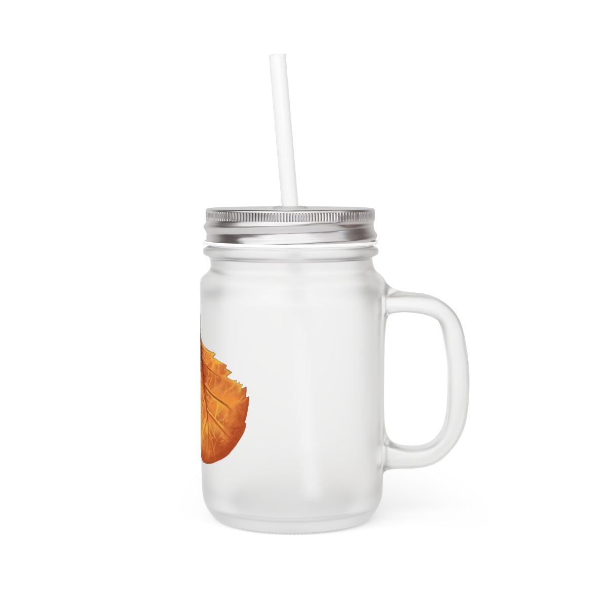 Orange Leaf Mason Jar with straw and lid, made of frosted glass, perfect for personalized drinks.