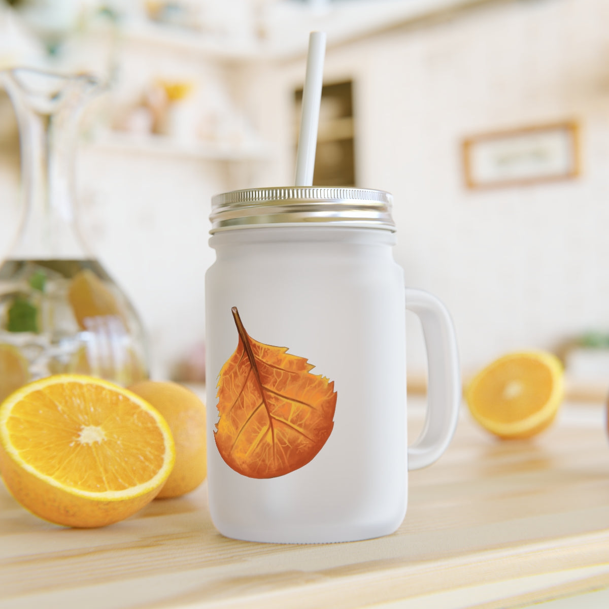 Orange Leaf Mason Jar with straw and lid, made of frosted glass, perfect for personalized drinks.