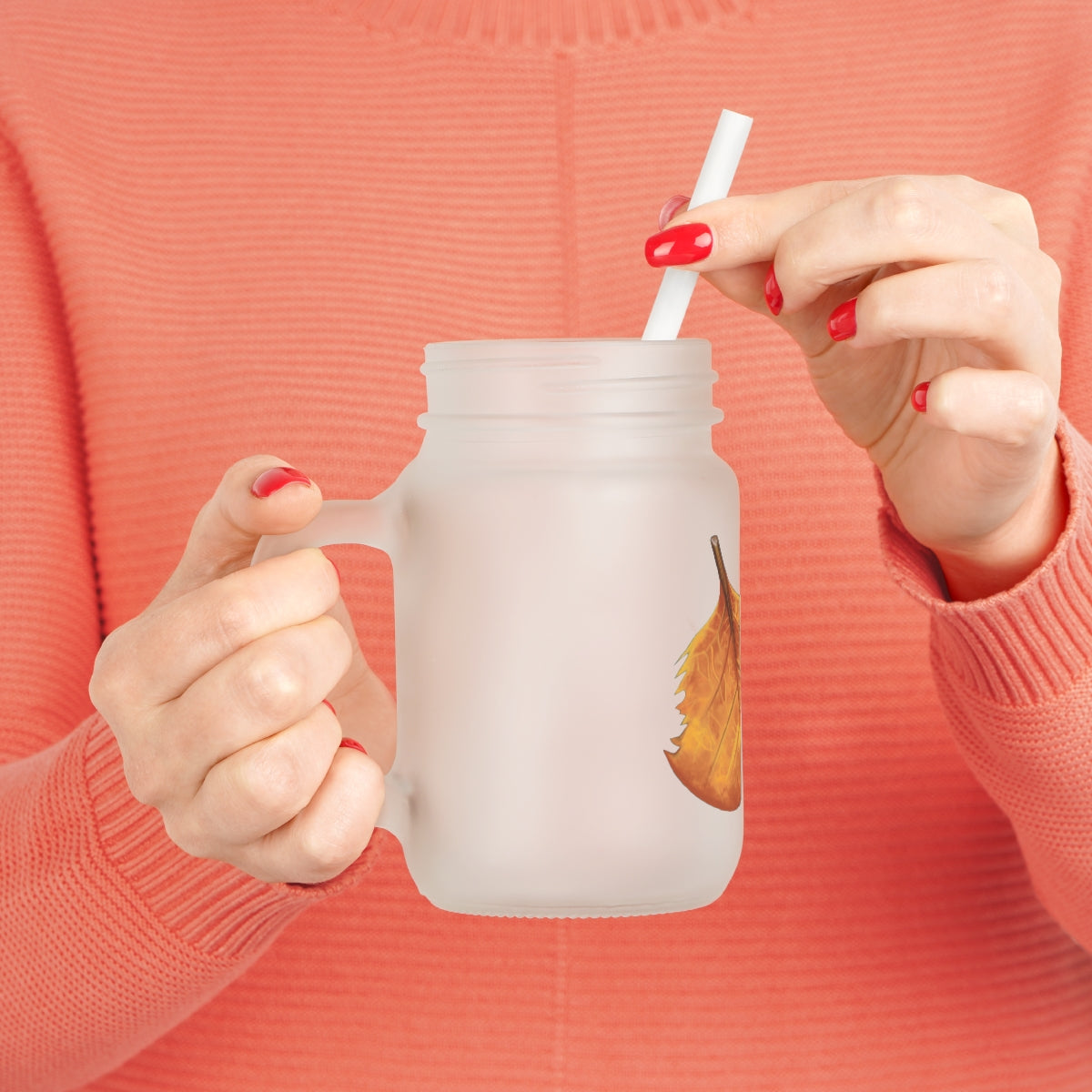 Orange Leaf Mason Jar with straw and lid, made of frosted glass, perfect for personalized drinks.