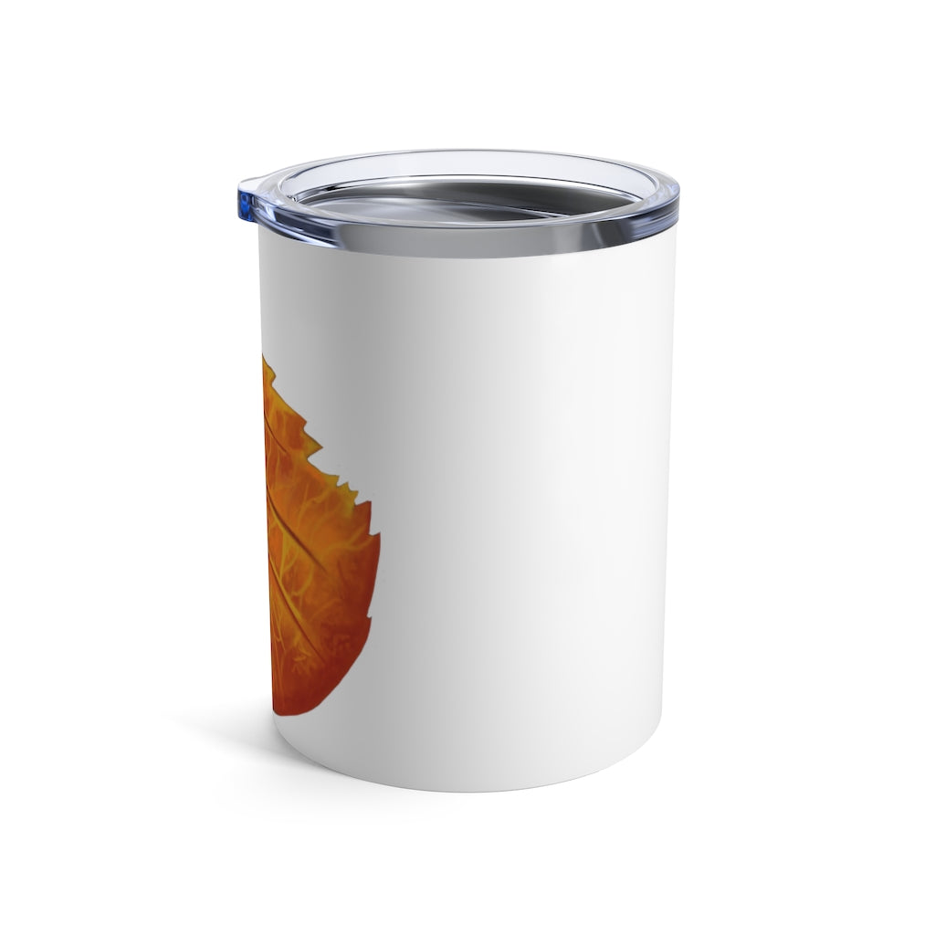 Orange Leaf Tumbler 10oz made of stainless steel with a see-thru plastic lid, showcasing its vibrant orange color and sleek design.