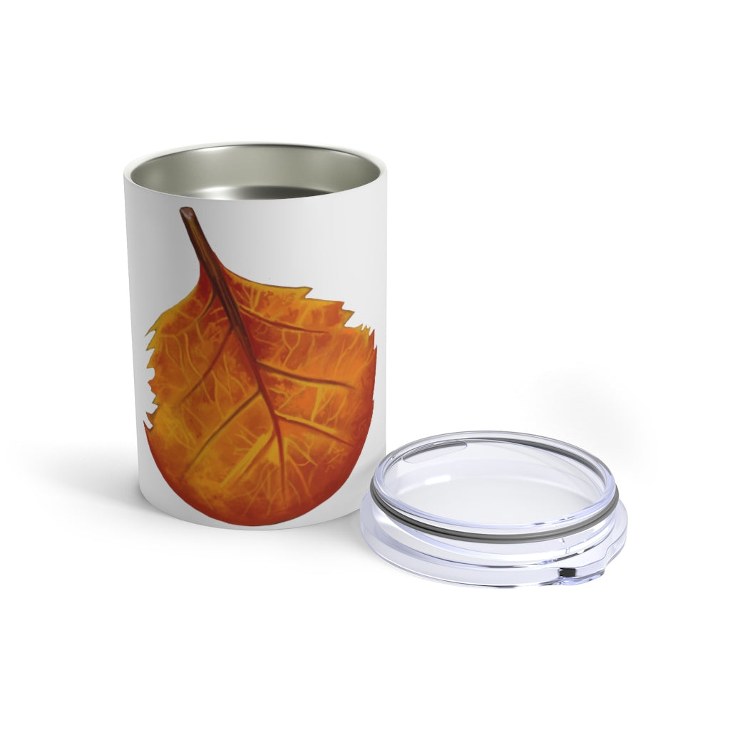 Orange Leaf Tumbler 10oz made of stainless steel with a see-thru plastic lid, showcasing its vibrant orange color and sleek design.