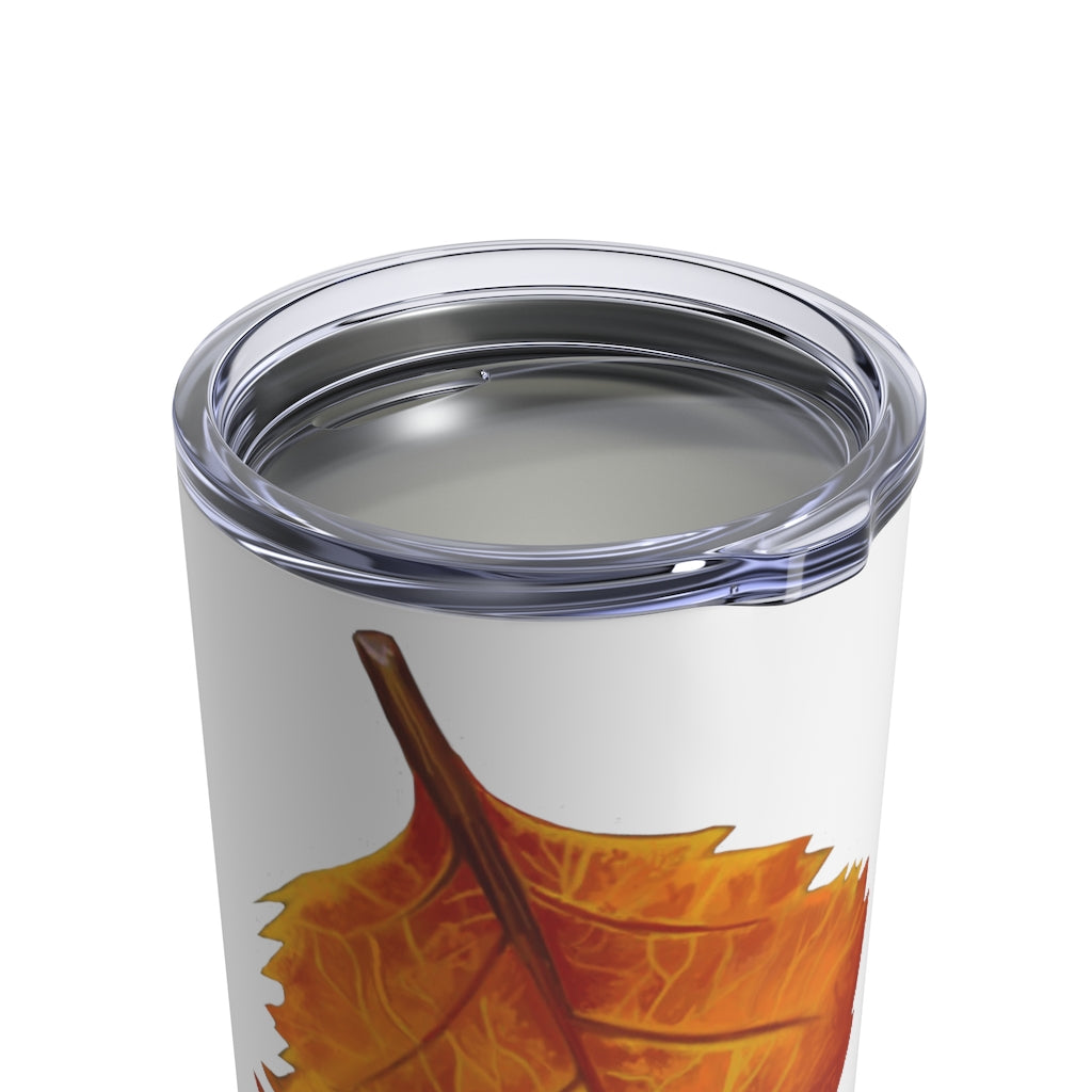 Orange Leaf Tumbler 10oz made of stainless steel with a see-thru plastic lid, showcasing its vibrant orange color and sleek design.