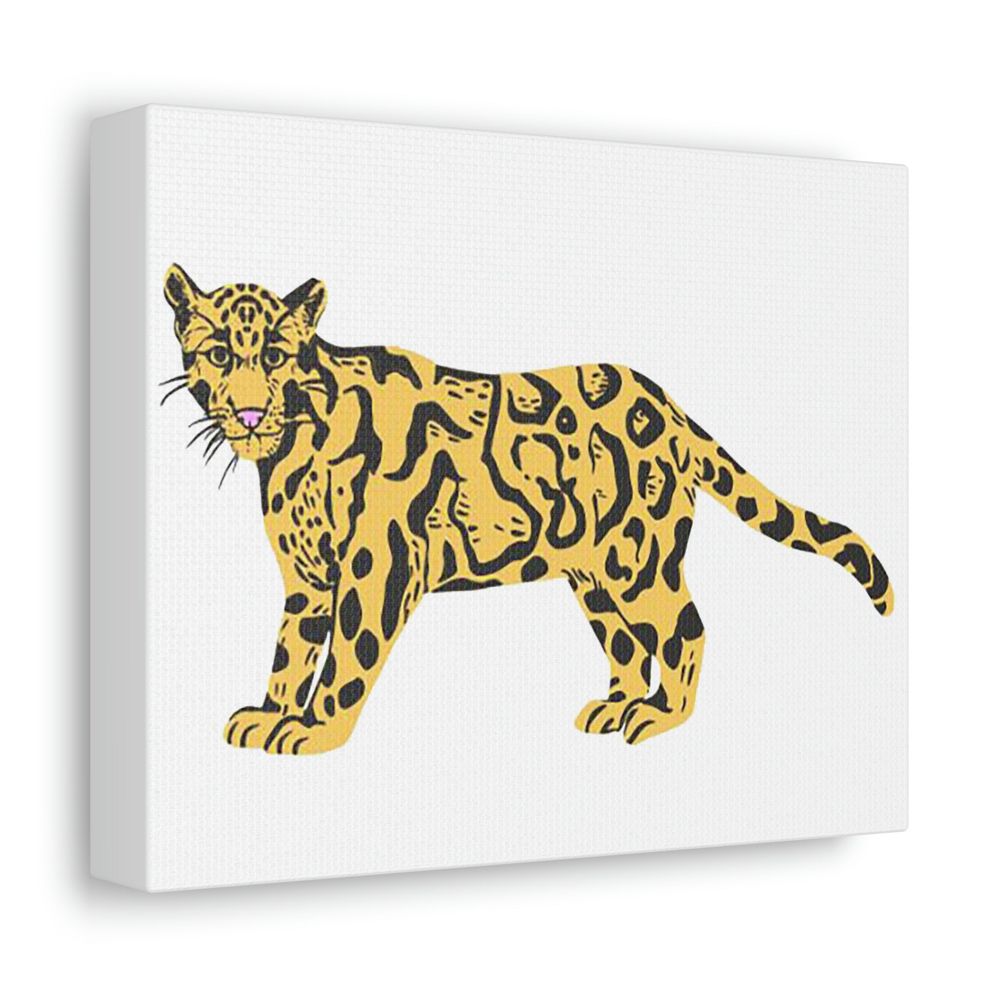 A vibrant orange leopard design printed on a stretched canvas, showcasing intricate details and colors, framed in sturdy wood.