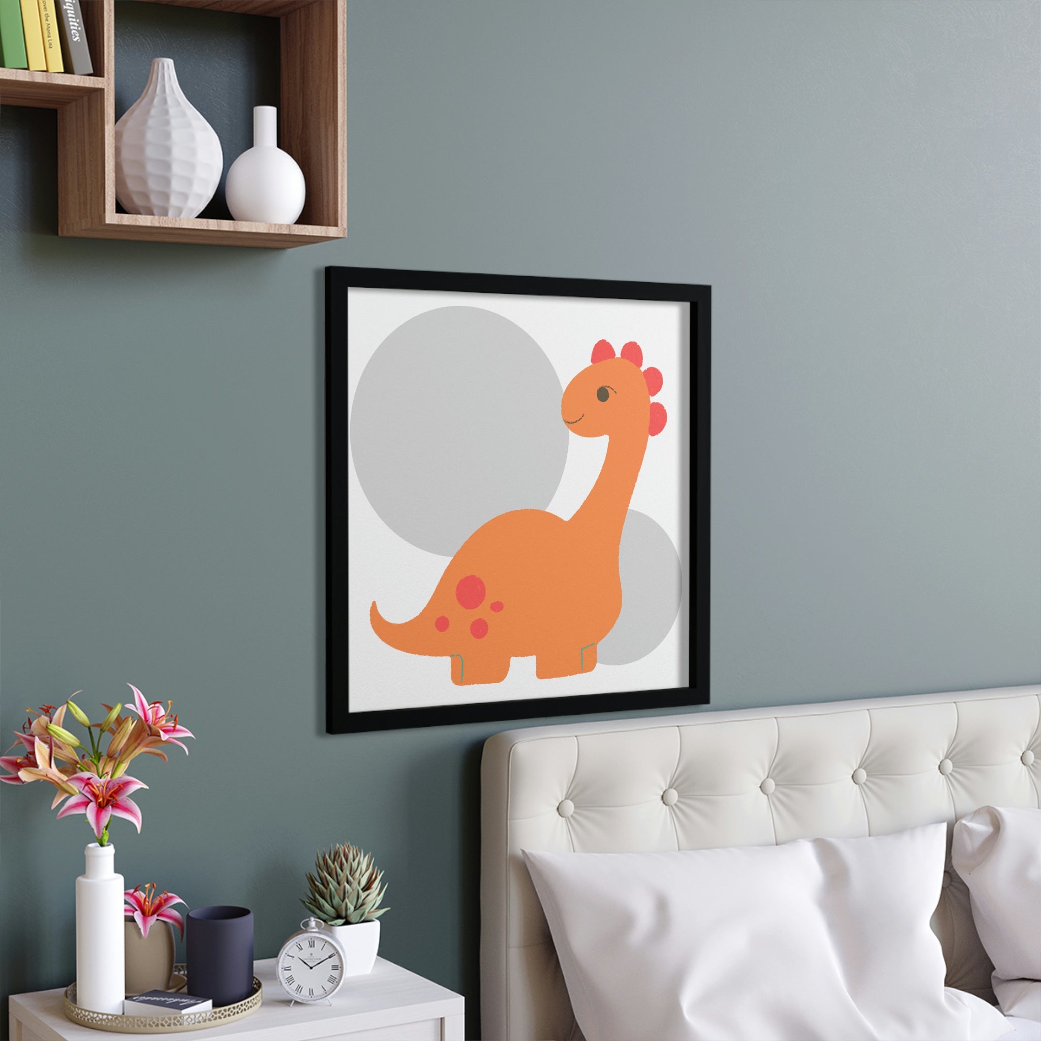 Framed poster featuring an orange long neck dinosaur, showcasing vibrant colors and a hand-crafted wooden frame.